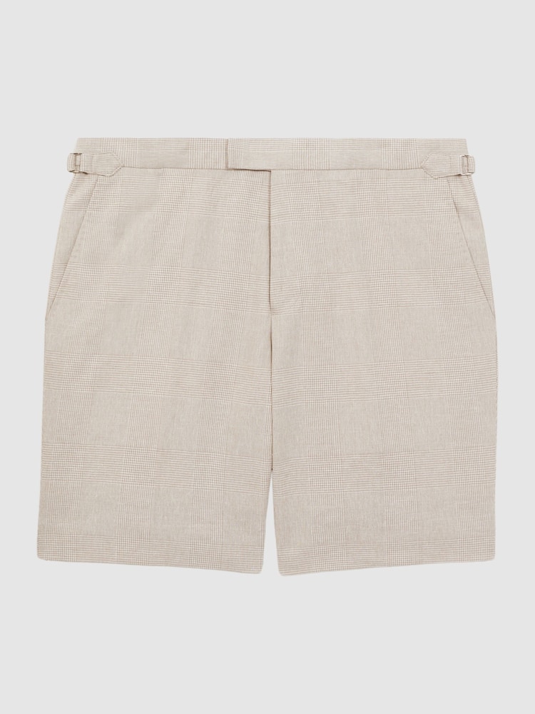 Reiss Oatmeal Craft Slim Fit Cotton-Linen Check Adjustable Shorts - Image 2 of 5