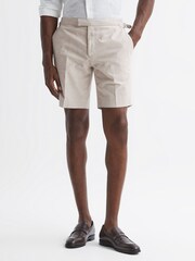 Reiss Oatmeal Craft Slim Fit Cotton-Linen Check Adjustable Shorts - Image 3 of 5