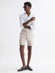 Reiss Oatmeal Craft Slim Fit Cotton-Linen Check Adjustable Shorts - Image 4 of 5