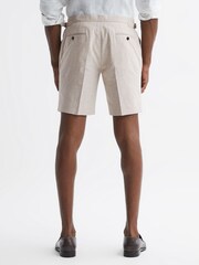 Reiss Oatmeal Craft Slim Fit Cotton-Linen Check Adjustable Shorts - Image 5 of 5