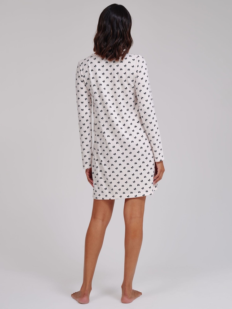 Loungeable White Bow Marl Brushed Knit Long Sleeve Nighties - Image 2 of 4 Loungeable White Bow Marl Brushed Knit Long Sleeve Nighties - Image 2 of 4