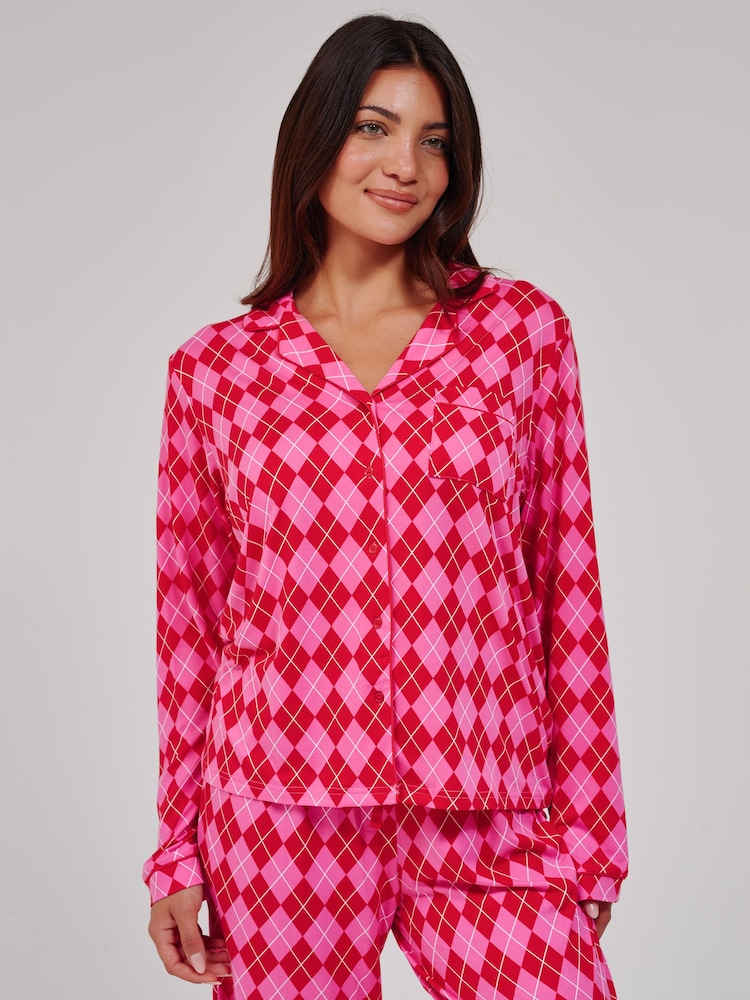 Loungeable Argyle Check Super Soft Long Sleeve Button Through Pyjamas Set - 5суретінің 1 суреті