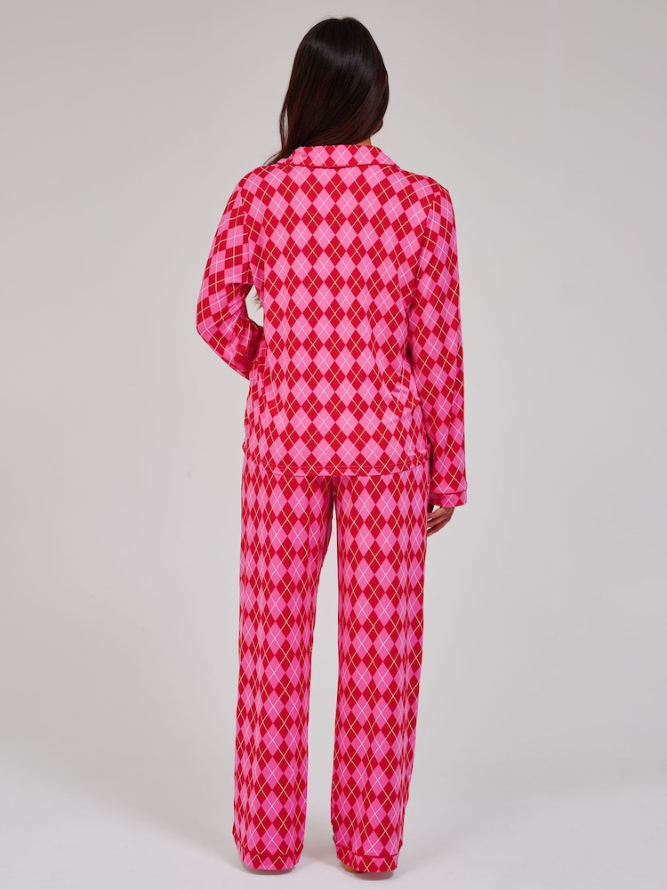 Loungeable Argyle Check Super Soft Long Sleeve Button Through Pyjamas Set - 5суретінің 2 суреті