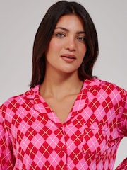 Loungeable Argyle Check Super Soft Long Sleeve Button Through Pyjamas Set - 5суретінің 3 суреті