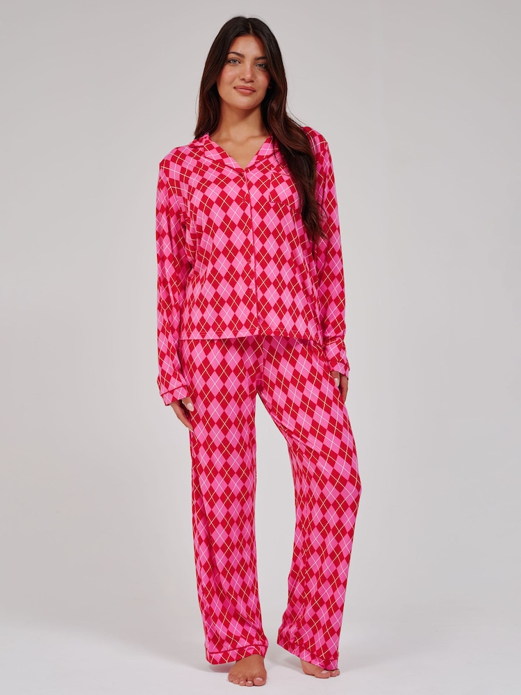 Loungeable Argyle Check Super Soft Long Sleeve Button Through Pyjamas Set - 5суретінің 5 суреті