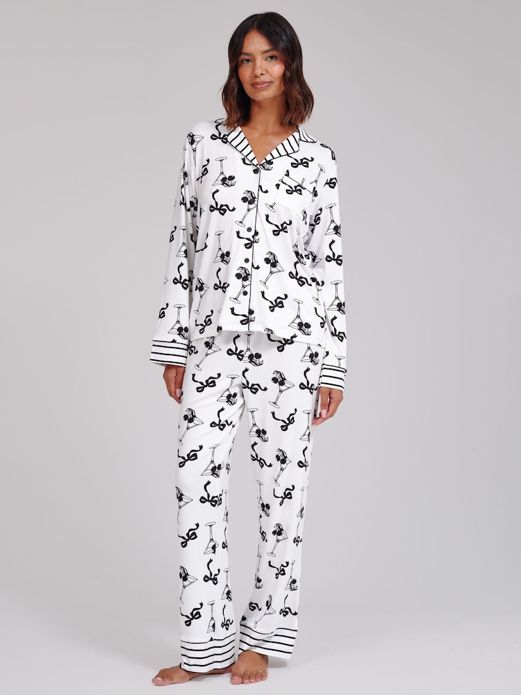 Loungeable Martini Stripe Super Soft Long Sleeve Button Through Pyjamas Set - Slika 1 od 4