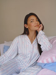 Loungeable Stripe Bow Super Soft Long Sleeve Button Through Pyjamas Set - 6的图像1｝