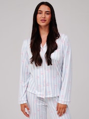 Loungeable Stripe Bow Super Soft Long Sleeve Button Through Pyjamas Set - 6的图像4｝