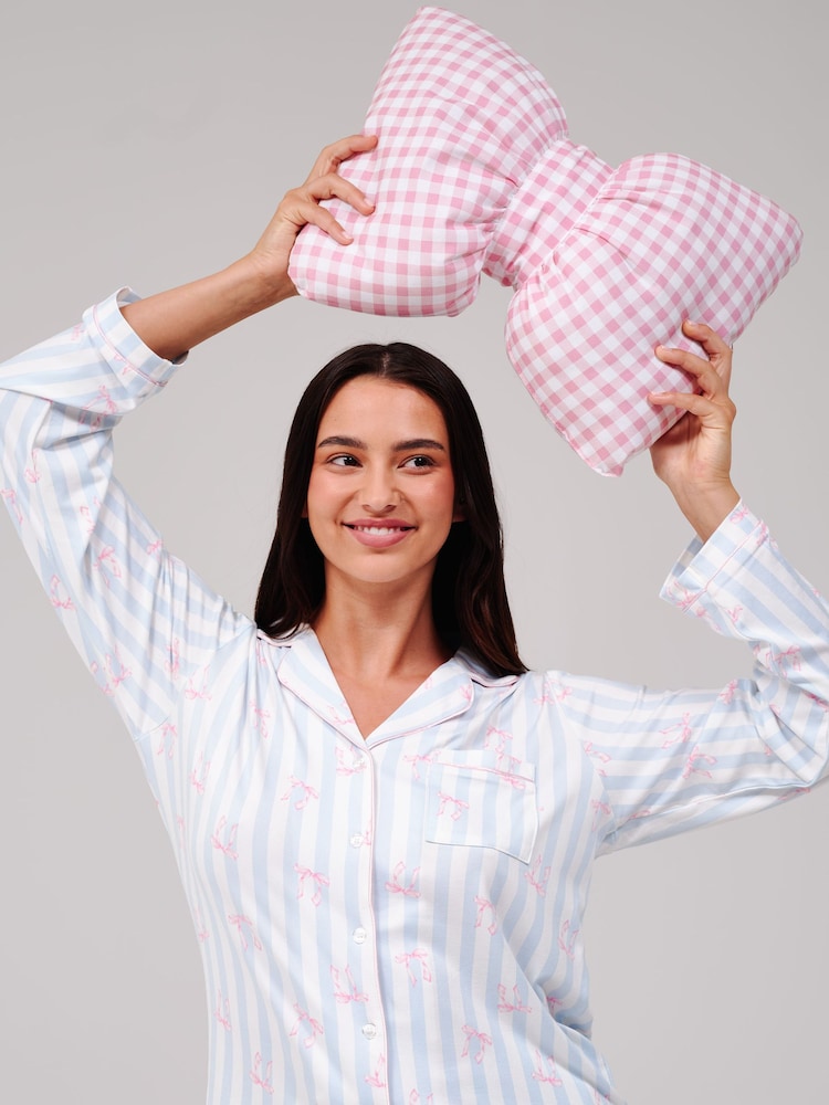 Loungeable Stripe Bow Super Soft Long Sleeve Button Through Pyjamas Set - 6的图像6｝