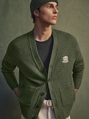 Reiss Dark Green Norris Monogram Embroidered Relaxed Wool Cardigan - Image 1 of 8