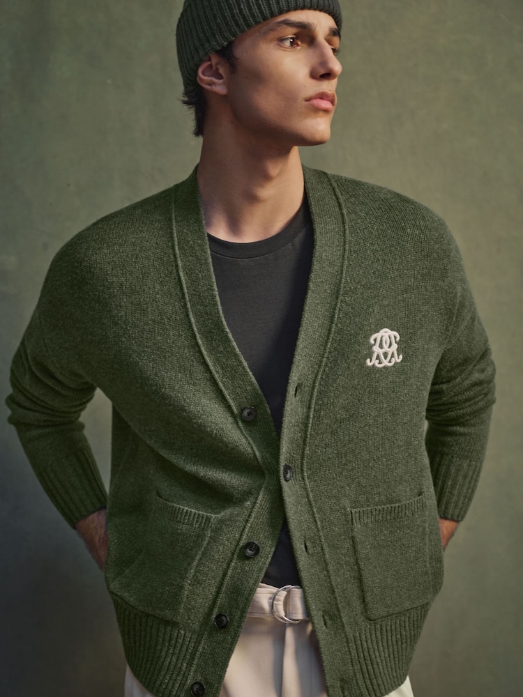 Reiss Dark Green Norris Monogram Embroidered Relaxed Wool Cardigan - Image 1 of 8 Reiss Dark Green Norris Monogram Embroidered Relaxed Wool Cardigan - Image 1 of 8