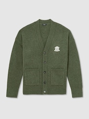 Reiss Dark Green Norris Monogram Embroidered Relaxed Wool Cardigan - Image 2 of 8