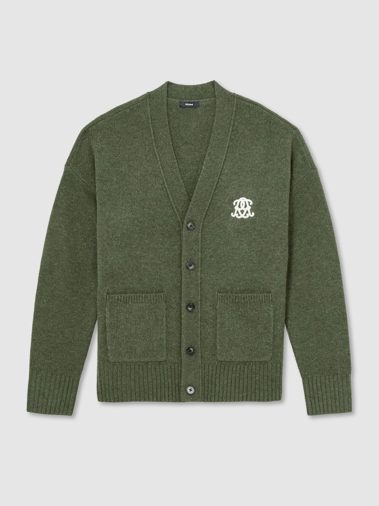 Reiss Dark Green Norris Monogram Embroidered Relaxed Wool Cardigan - Image 2 of 8 Reiss Dark Green Norris Monogram Embroidered Relaxed Wool Cardigan - Image 2 of 8