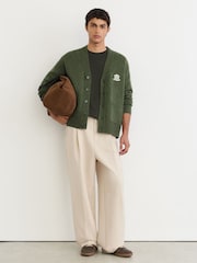 Reiss Dark Green Norris Monogram Embroidered Relaxed Wool Cardigan - Image 3 of 8