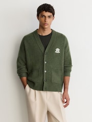 Reiss Dark Green Norris Monogram Embroidered Relaxed Wool Cardigan - Image 4 of 8
