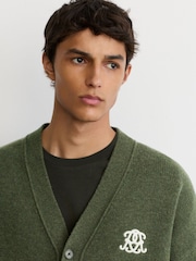 Reiss Dark Green Norris Monogram Embroidered Relaxed Wool Cardigan - Image 5 of 8