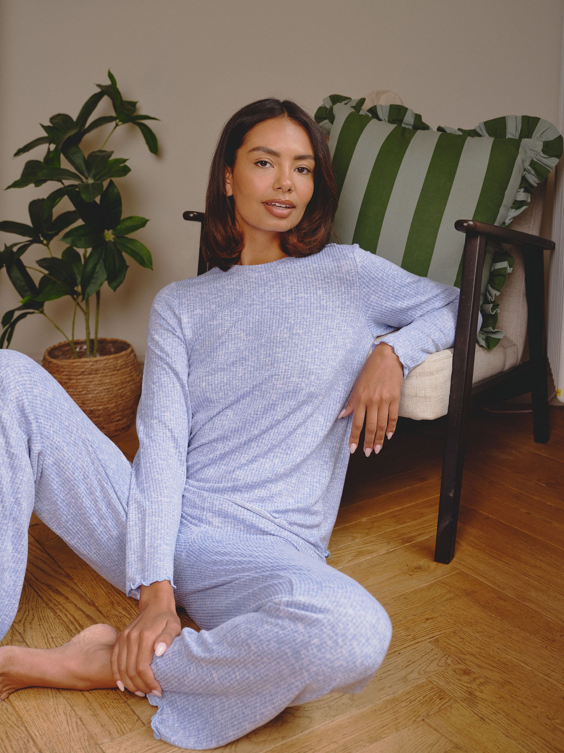 Loungeable Women's Blue Crew Neck Super Soft Marl Brushed Rib Long Pyjamas Set