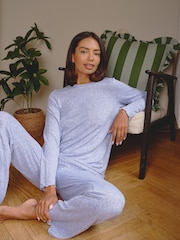 Loungeable Blue Crew Neck Super Soft Marl Brushed Rib Long Pyjamas Set - Image 1 of 6