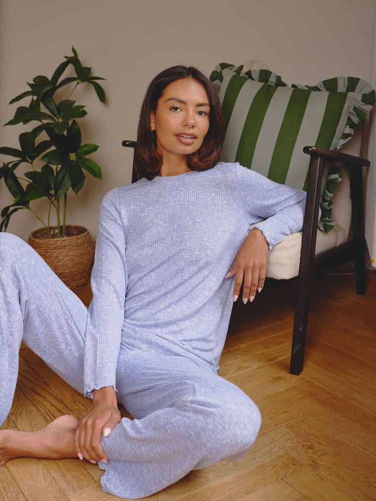 Loungeable Blue Crew Neck Super Soft Marl Brushed Rib Long Pyjamas Set - Image 1 of 6 Loungeable Blue Crew Neck Super Soft Marl Brushed Rib Long Pyjamas Set - Image 1 of 6