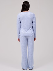 Loungeable Blue Crew Neck Super Soft Marl Brushed Rib Long Pyjamas Set - Image 2 of 6