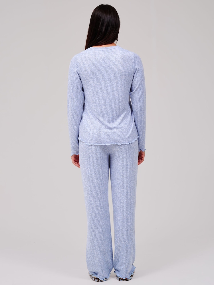 Loungeable Blue Crew Neck Super Soft Marl Brushed Rib Long Pyjamas Set - Image 2 of 6 Loungeable Blue Crew Neck Super Soft Marl Brushed Rib Long Pyjamas Set - Image 2 of 6