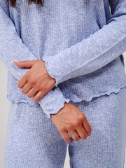 Loungeable Blue Crew Neck Super Soft Marl Brushed Rib Long Pyjamas Set - Image 4 of 6