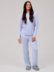 Loungeable Blue Crew Neck Super Soft Marl Brushed Rib Long Pyjamas Set - Image 6 of 6