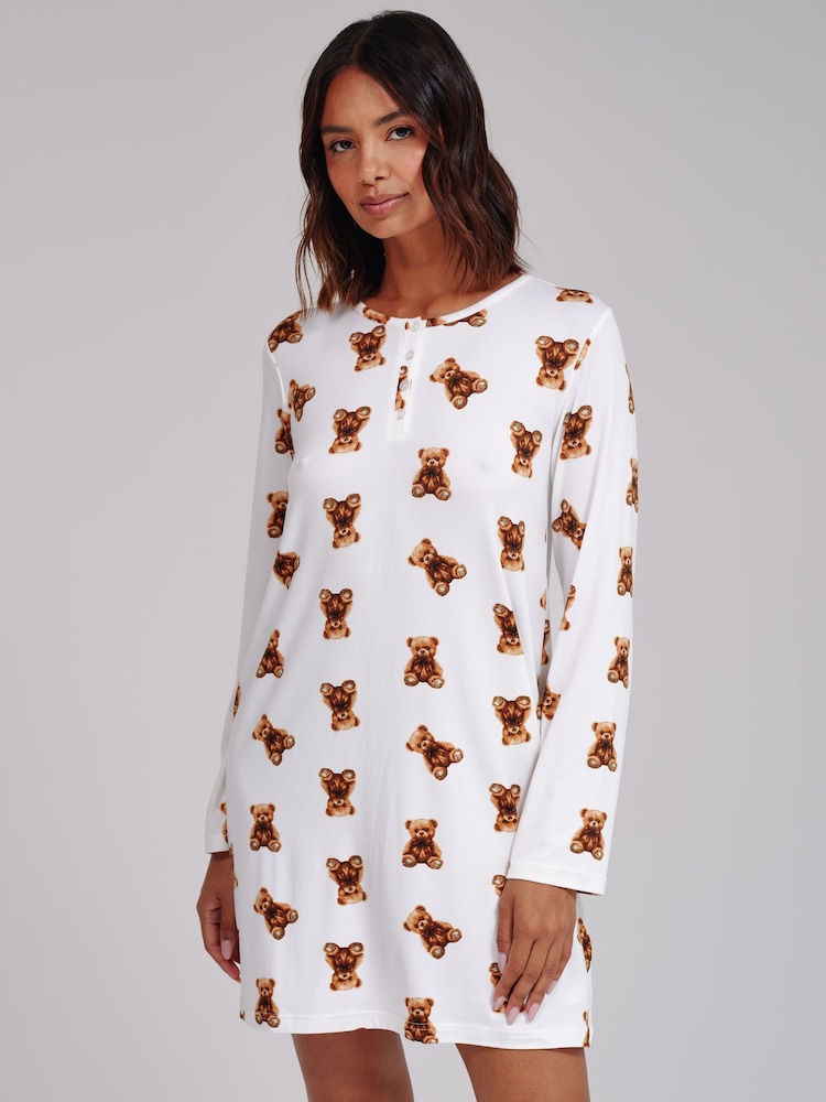 Loungeable Teddy Bear Super Soft Long Sleeve Henley Nighties - Image 1 de 4