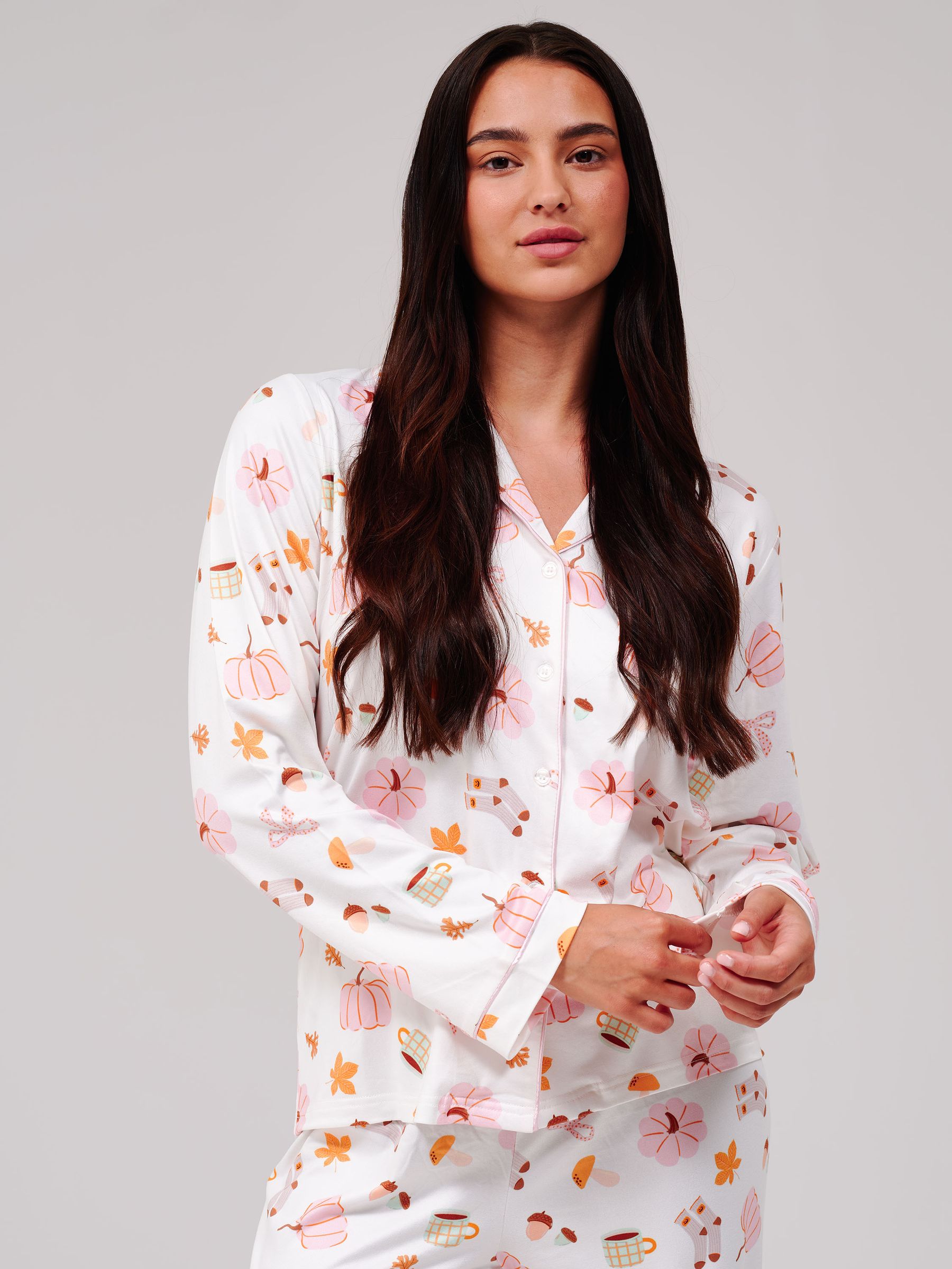 Loungeable Women's White Autumn Pumpkin Super Soft Long Sleeve Button Through Pyjamas Set