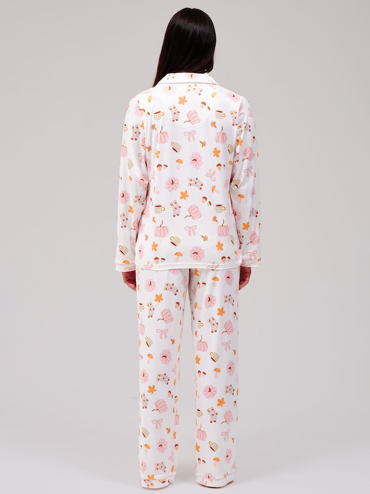 Loungeable Autumn Pumpkin Super Soft Long Sleeve Button Through Pyjamas Set - 5的图像2｝