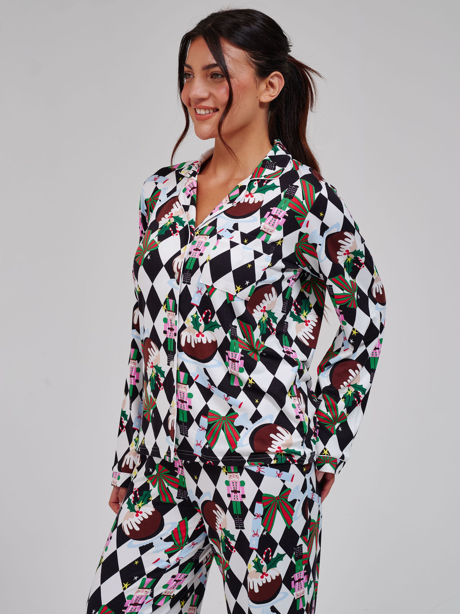 Loungeable Women's Black Christmas Party Super Soft Long Sleeve Button Through Pyjamas Set