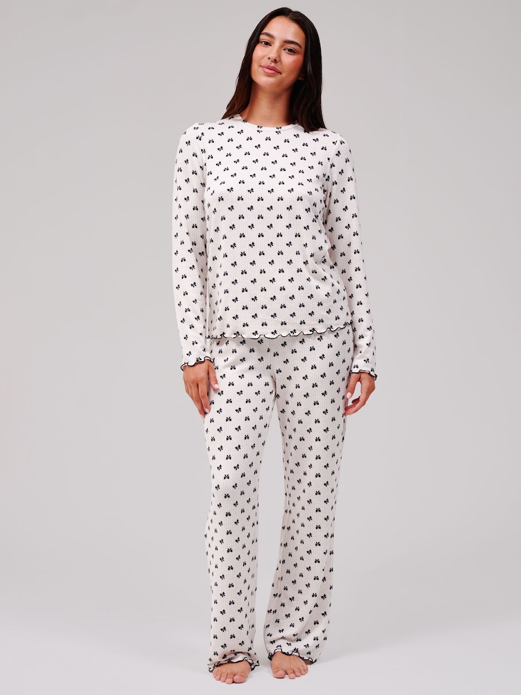 Loungeable Natural Crew Neck Super Soft Marl Brushed Rib Long Pyjamas Set - Image 1 of 5 Loungeable Natural Crew Neck Super Soft Marl Brushed Rib Long Pyjamas Set - Image 1 of 5