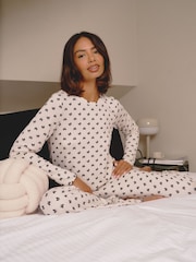 Loungeable Natural Crew Neck Super Soft Marl Brushed Rib Long Pyjamas Set - Image 3 of 5