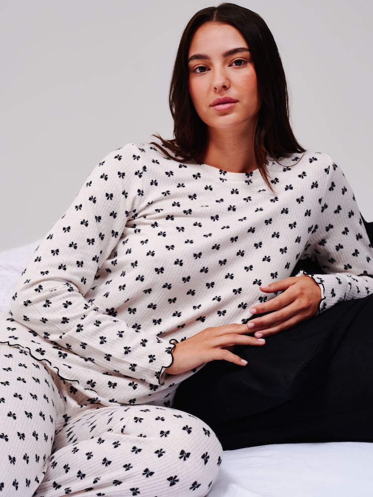 Loungeable Natural Crew Neck Super Soft Marl Brushed Rib Long Pyjamas Set - Image 5 of 5 Loungeable Natural Crew Neck Super Soft Marl Brushed Rib Long Pyjamas Set - Image 5 of 5