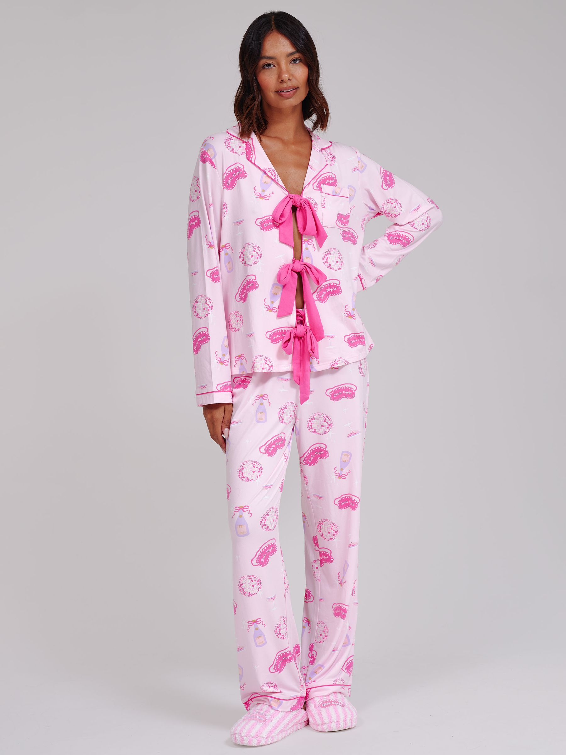 Loungeable Women's Pink Night Super Soft Long Sleeve Tie Pyjamas Set