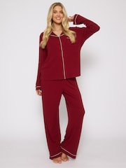 Loungeable Red Long Sleeve Soft Rib Button Through Pyjamas - Image 1 of 4