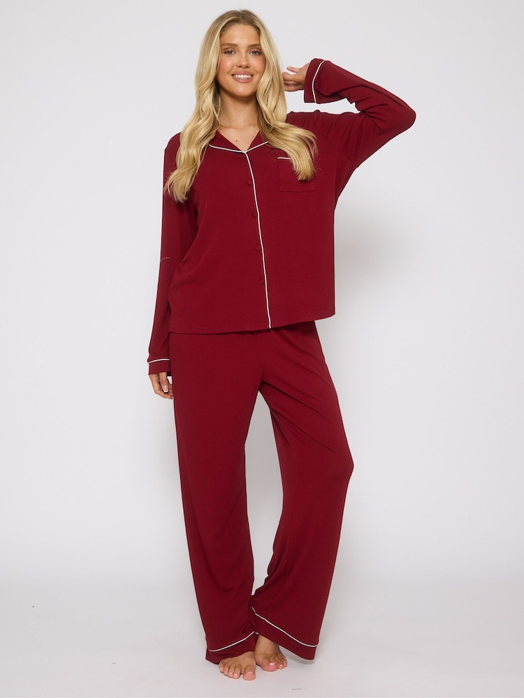 Loungeable Red Long Sleeve Soft Rib Button Through Pyjamas - Image 1 of 4