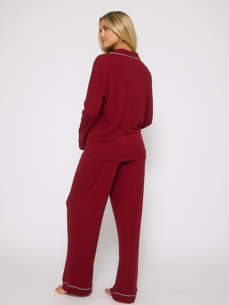 Loungeable Red Long Sleeve Soft Rib Button Through Pyjamas - Image 2 of 4