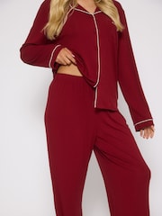 Loungeable Red Long Sleeve Soft Rib Button Through Pyjamas - Image 4 of 4