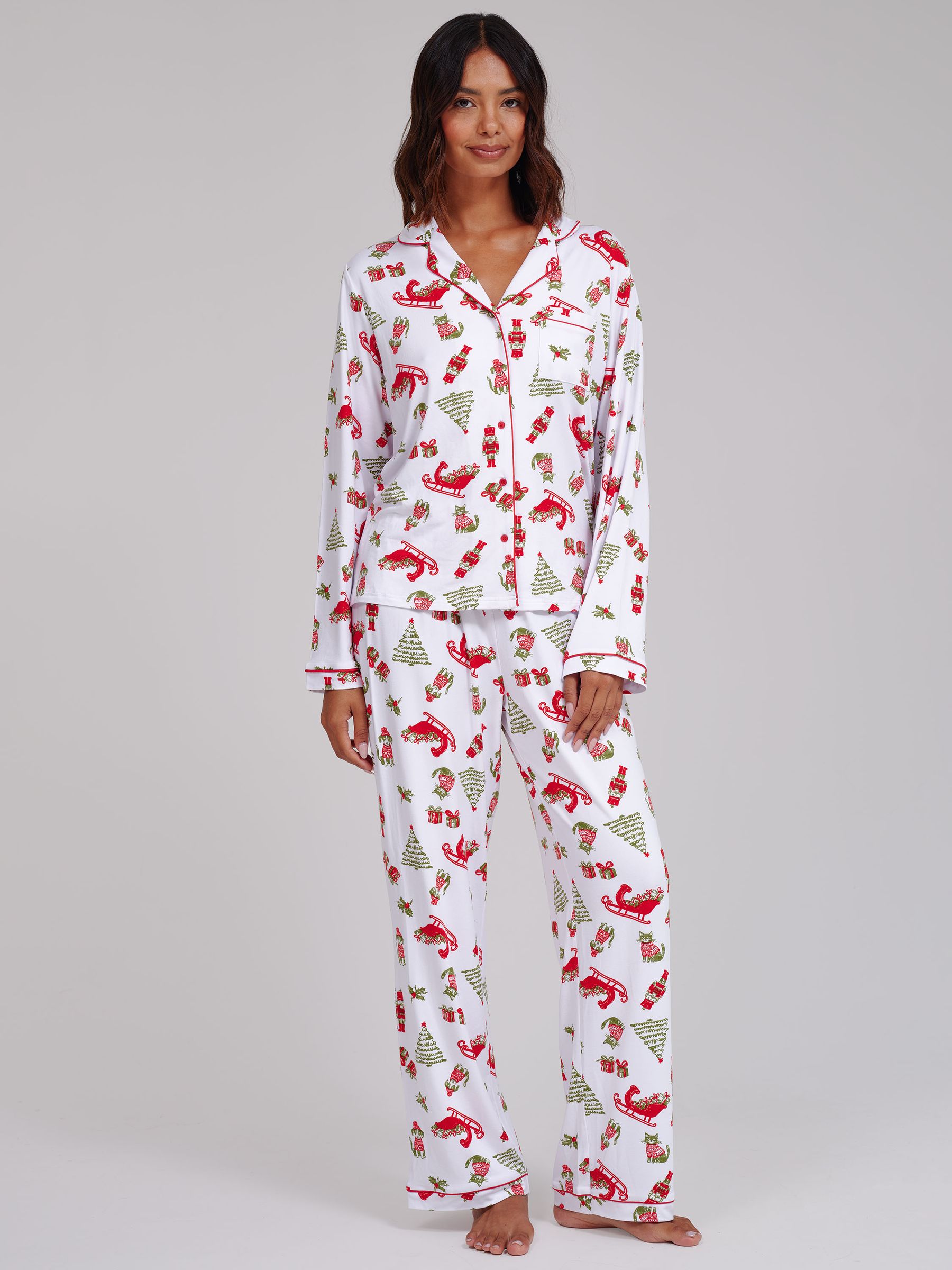 Loungeable Women's White Retro Christmas Super Soft Long Sleeve Button Through Pyjamas Set