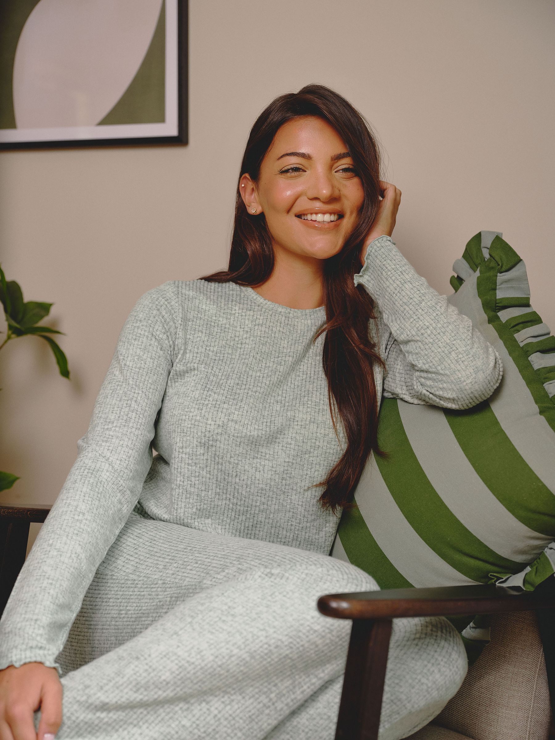 Loungeable Women's Green Crew Neck Super Soft Marl Brushed Rib Long Pyjamas Set