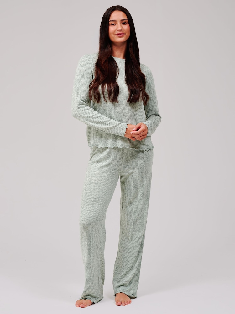 Loungeable Green Crew Neck Super Soft Marl Brushed Rib Long Pyjamas Set - Image 2 of 6 Loungeable Green Crew Neck Super Soft Marl Brushed Rib Long Pyjamas Set - Image 2 of 6