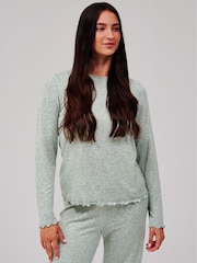 Loungeable Green Crew Neck Super Soft Marl Brushed Rib Long Pyjamas Set - Image 4 of 6
