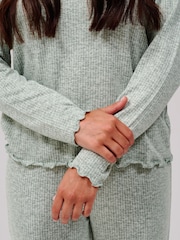 Loungeable Green Crew Neck Super Soft Marl Brushed Rib Long Pyjamas Set - Image 6 of 6