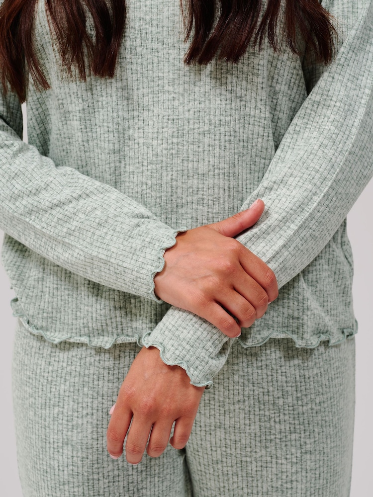 Loungeable Green Crew Neck Super Soft Marl Brushed Rib Long Pyjamas Set - Image 6 of 6 Loungeable Green Crew Neck Super Soft Marl Brushed Rib Long Pyjamas Set - Image 6 of 6