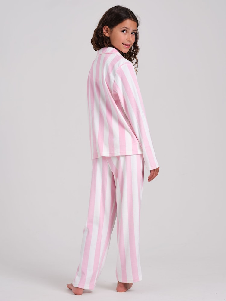 Loungeable Pink Stripe Velour Long Sleeve Button Through Pyjamas Set - Image 2 of 4 Loungeable Pink Stripe Velour Long Sleeve Button Through Pyjamas Set - Image 2 of 4