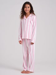 Loungeable Pink Stripe Velour Long Sleeve Button Through Pyjamas Set - Image 3 of 4