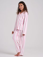 Loungeable Pink Stripe Velour Long Sleeve Button Through Pyjamas Set - Image 4 of 4