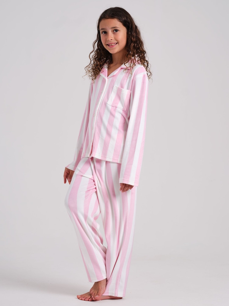 Loungeable Pink Stripe Velour Long Sleeve Button Through Pyjamas Set - Image 4 of 4 Loungeable Pink Stripe Velour Long Sleeve Button Through Pyjamas Set - Image 4 of 4