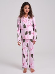 Loungeable Christmas Bow Stripe Super Soft Long Sleeve Button Through Pyjamas Set - Image 2 de 4